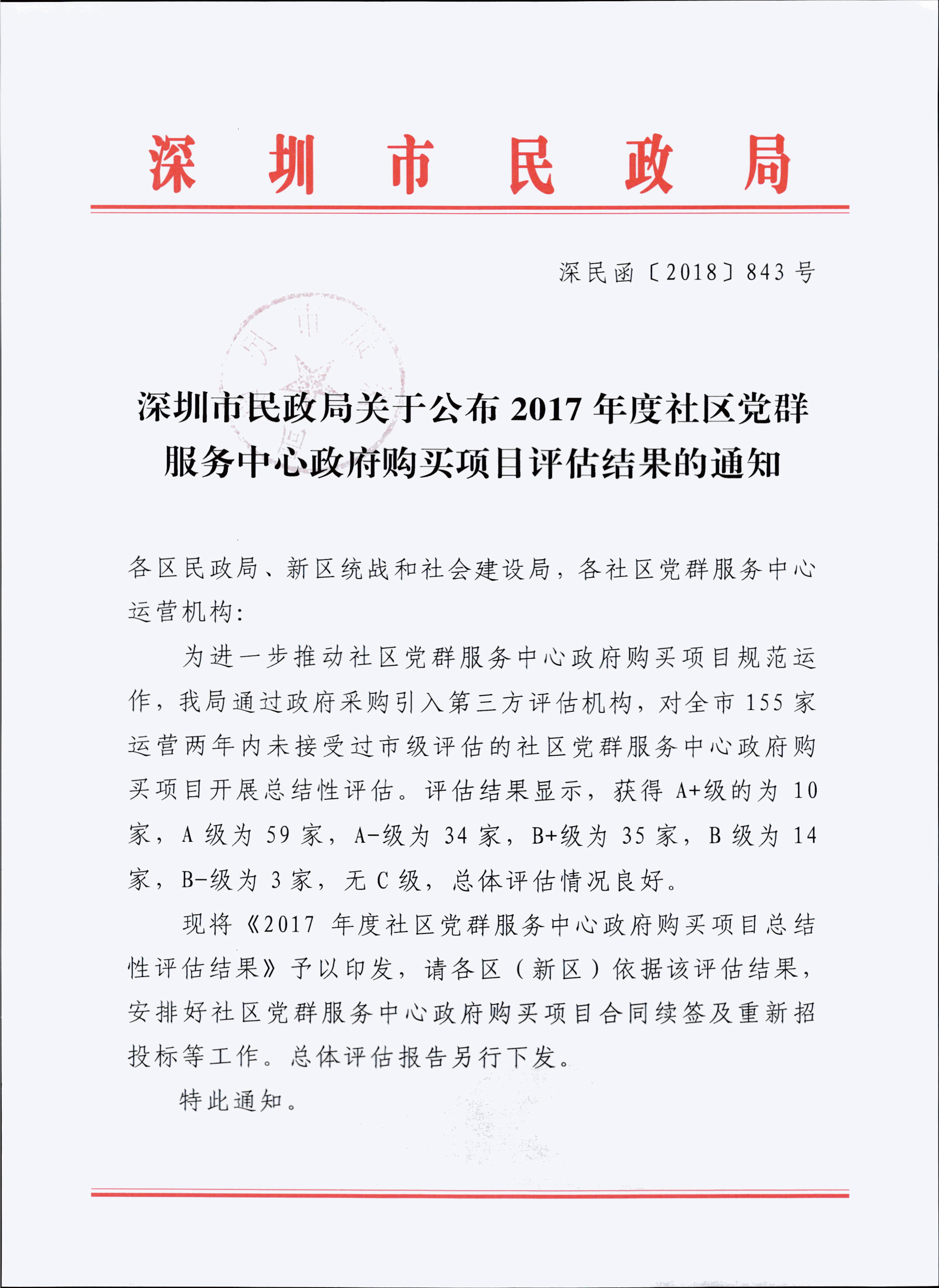 关于公布2017年度社区党群服务中心政府购买项目评估结果的通知