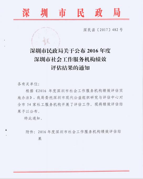 深圳市民政局关于公布2016年度深圳市社会工作服务机构绩效评估结果的通知