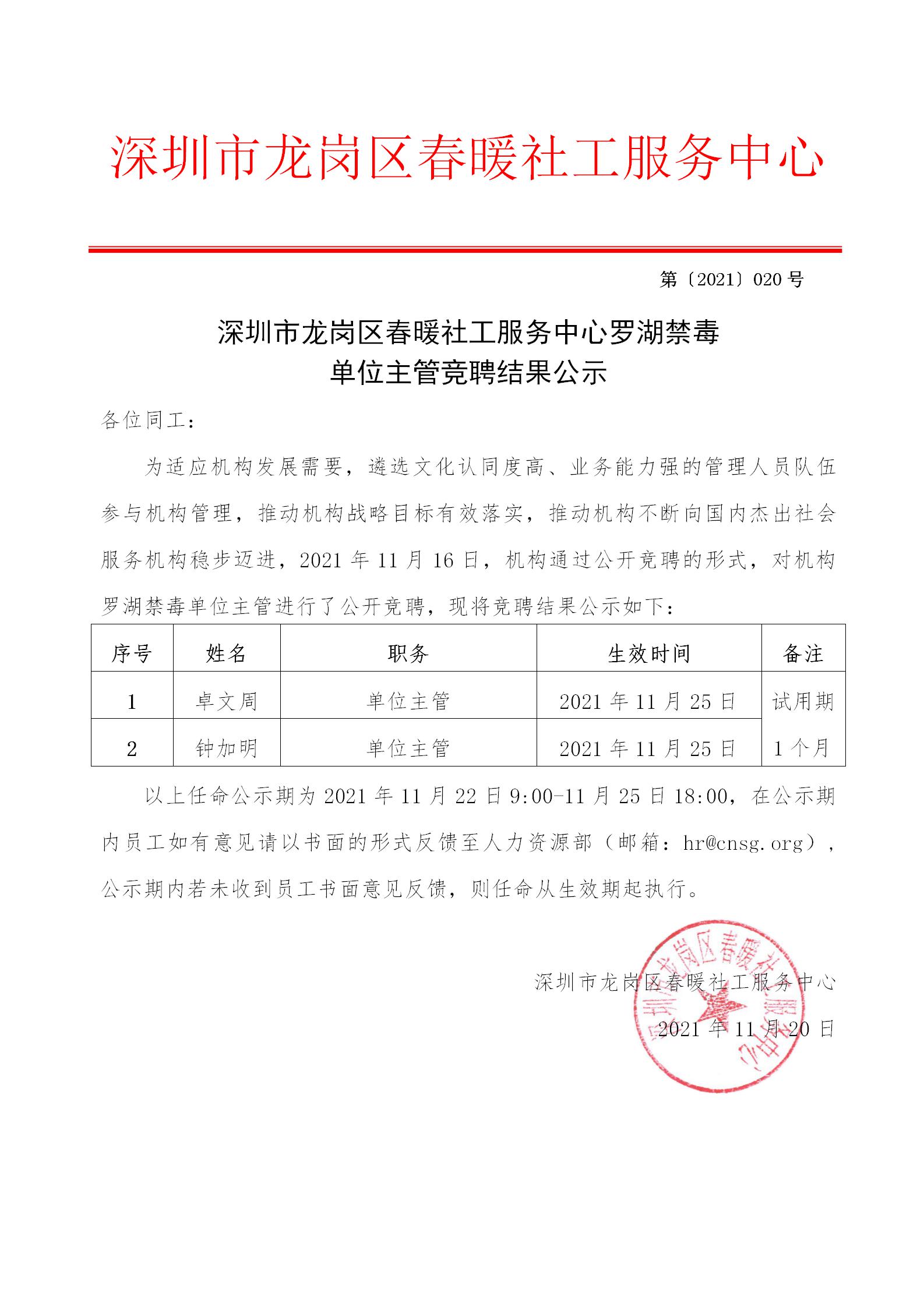 0211120罗湖禁毒项目单位主管竞聘结果公示"